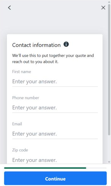 Facebook lead form contact screen: We'll use this to put together your quote and reach out to you about it. Fields for first name, phone number, email and zip code.