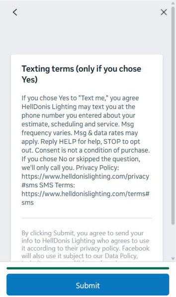 Facebook lead form texting terms shown above the Submit button, with links to the Privacy Policy and SMS Terms.
